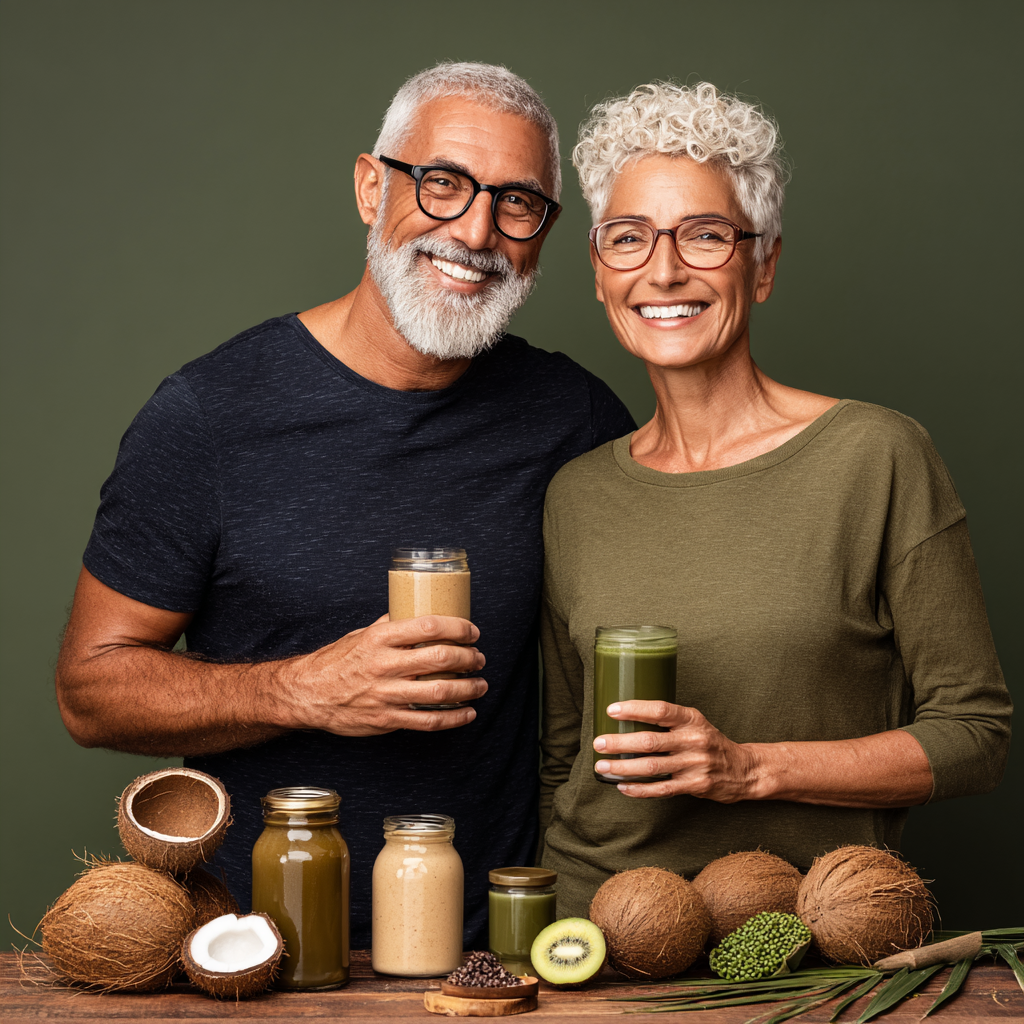 Middle-aged adults enjoying healthy lifestyle with natural products